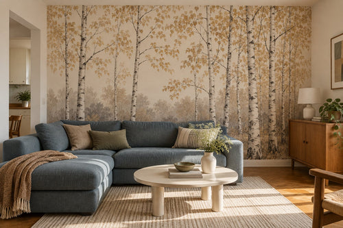 Mise en situation : fresque Bouleaux Dorés dans un appartement