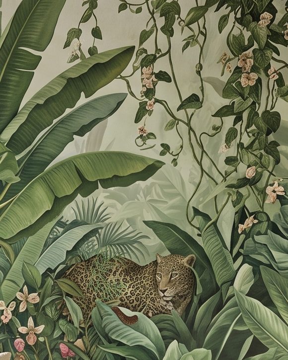 Détail du motif Jungle Tropicale : feuilles de bananier, orchidées et léopard